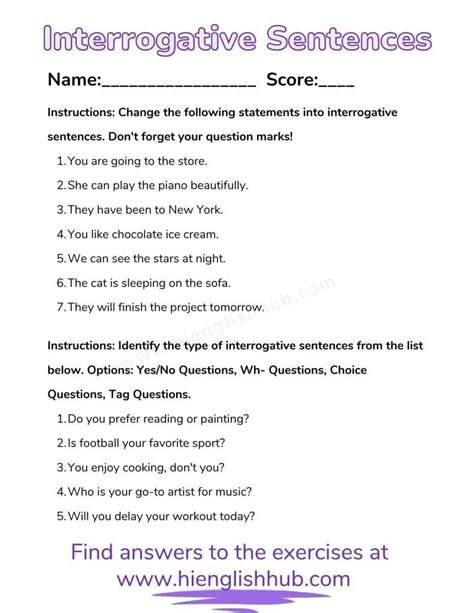 negative and interrogative sentences exercises with answers class 5