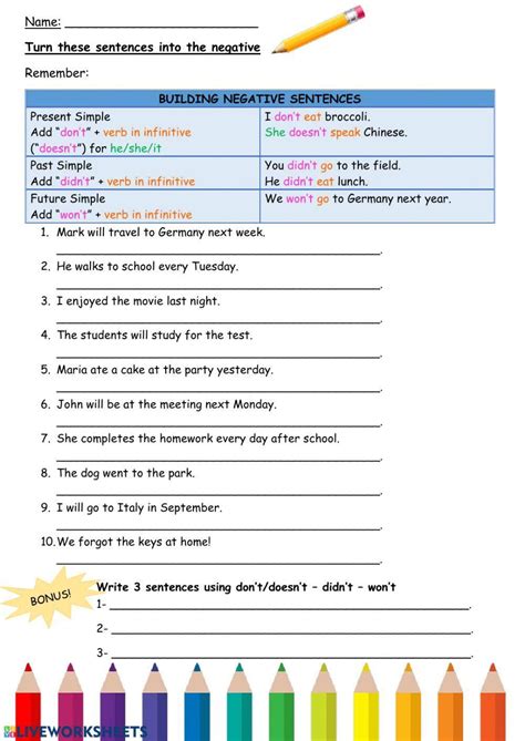 negative sentences worksheet with answers