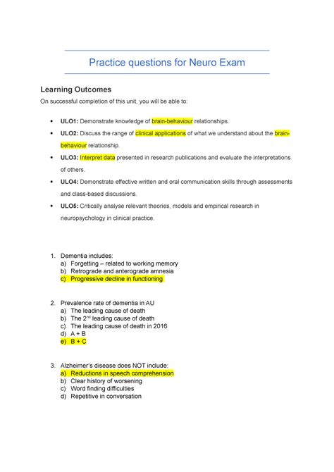 neuro exam sample questions and answers pdf