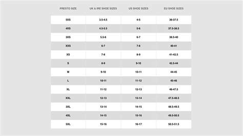 Nike Presto Size Chart