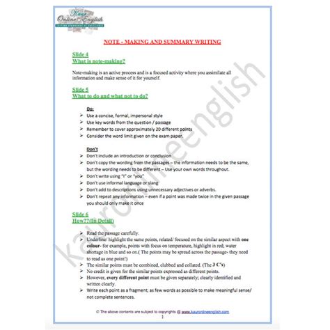 note making and summary writing examples