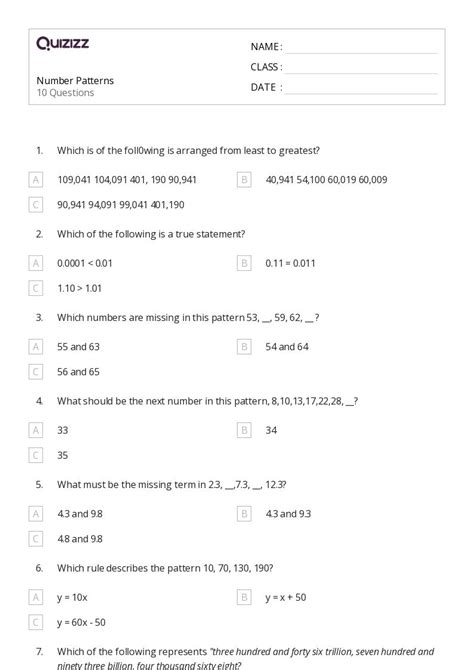 number pattern questions with answers pdf class 6