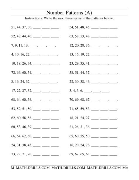 number pattern worksheet for class 6