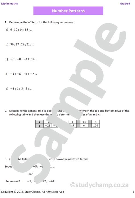number patterns grade 9 questions and answers pdf term 4