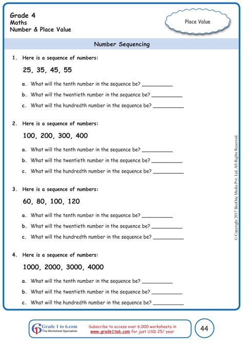 number sequence worksheet for grade 4