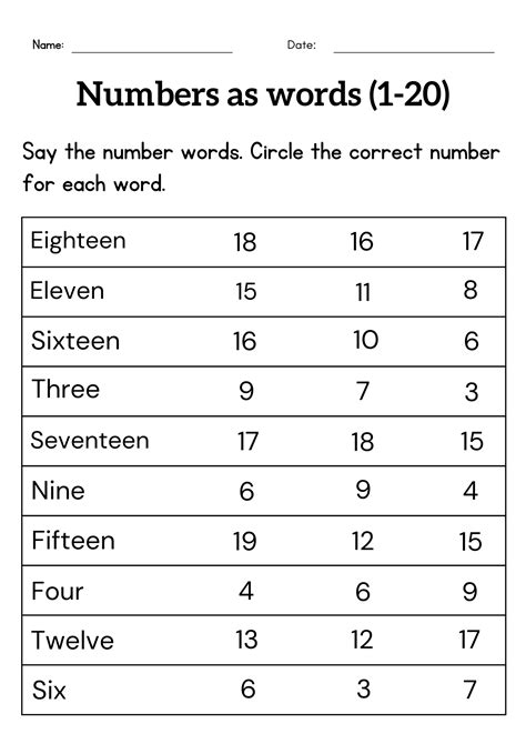 numbers to 20 in numerals and words