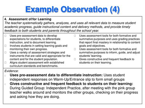 observation feedback sample comments for demo teaching