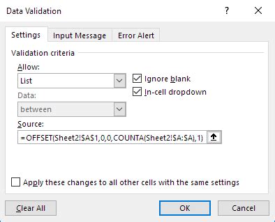 offset formula excel drop down list