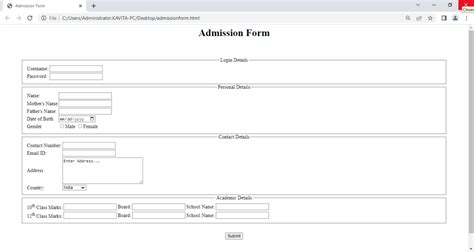 online admission form html code