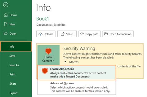open excel file with macros disabled