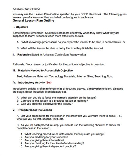 outline example for lesson plan