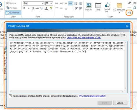 outlook 365 insert code snippet