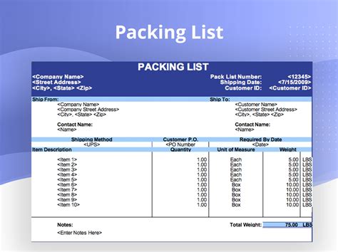 packing list excel format
