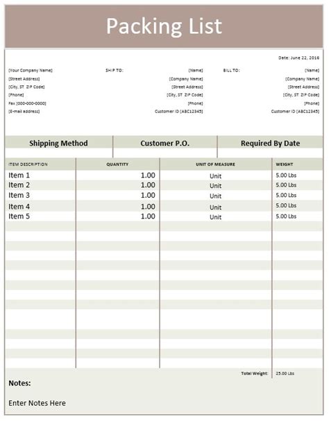 packing list format word