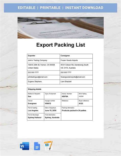 packing list template for export