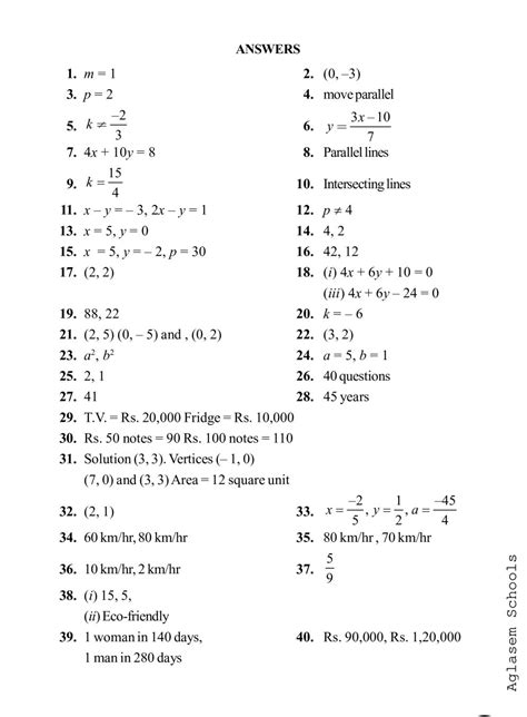 pair of linear equations in two variables class 10 notes exercise