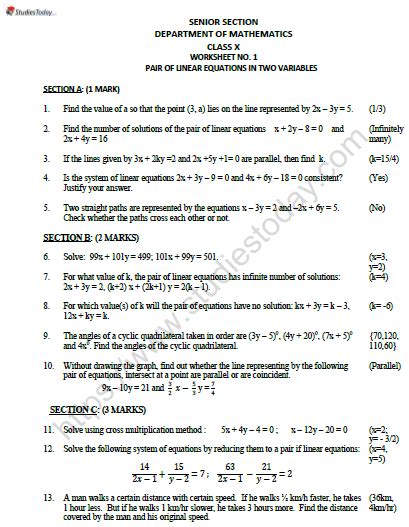pair of linear equations in two variables class 10 worksheet with answers