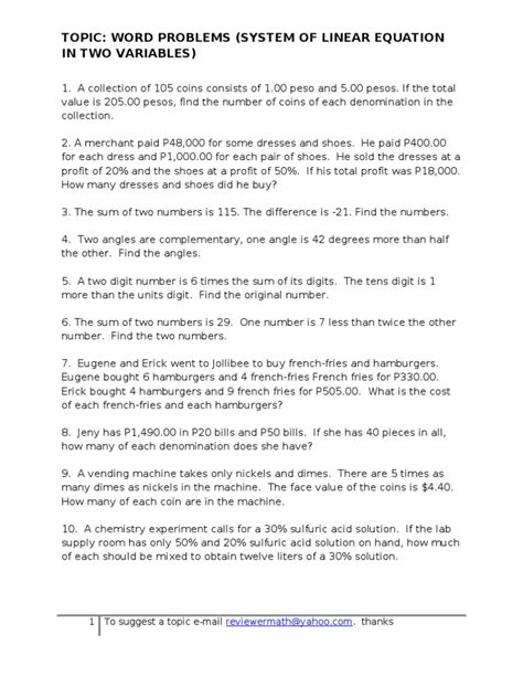 pair of linear equations in two variables word problems pdf