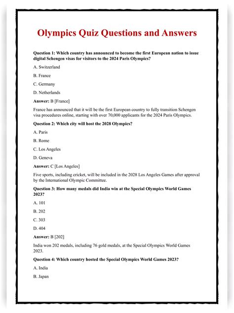 paris olympics quiz questions and answers pdf