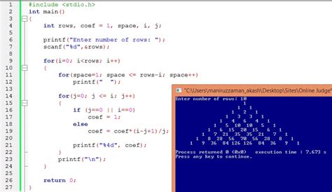 pascal triangle code in c