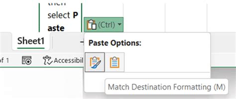 paste match destination formatting shortcut excel mac