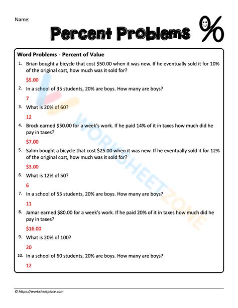 percentage word problems worksheet with answers