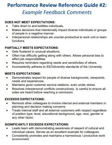 performance appraisal comments examples for managers