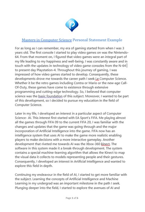 personal statement examples for masters in computer science