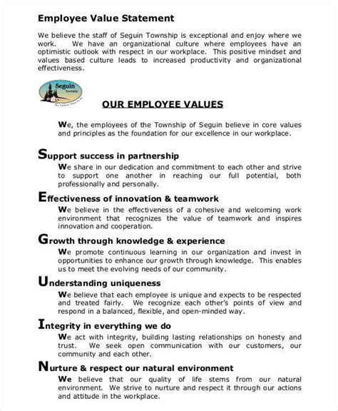 personal values statement examples for work