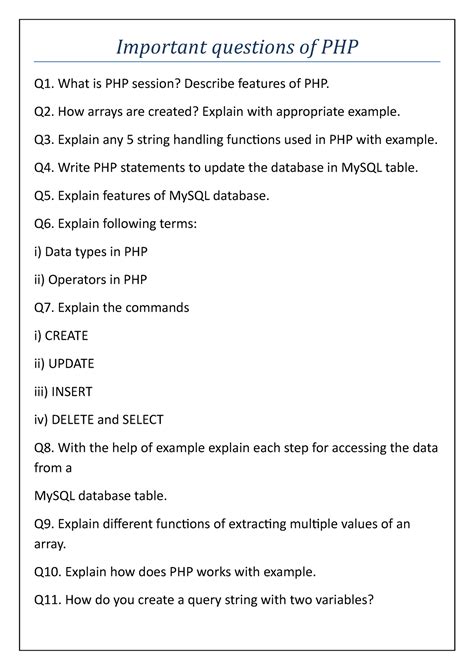 php important questions for semester exam with answers pdf