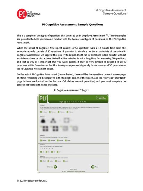 pi cognitive assessment sample questions answer keys