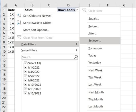 pivot table filter based on date range