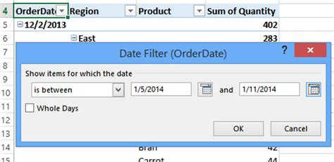 pivot table filter date between