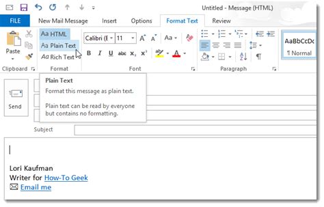 plain text format outlook