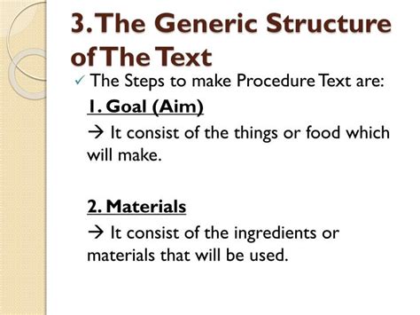 please mention and explain the generic structure of procedure text