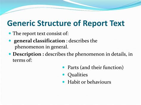 please mention and explain the generic structure of report text