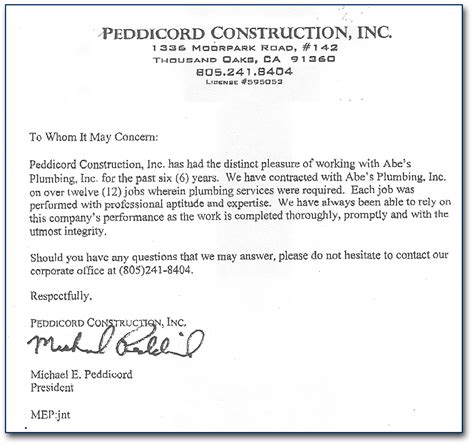 Plumbing Contractor Letter of Recommendation