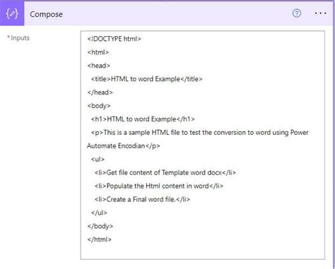 power automate insert html table into word document