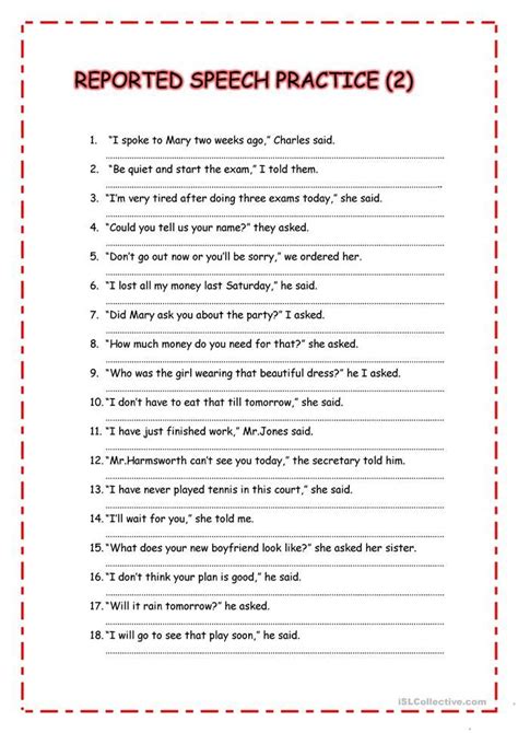 practice questions of reported speech class 8