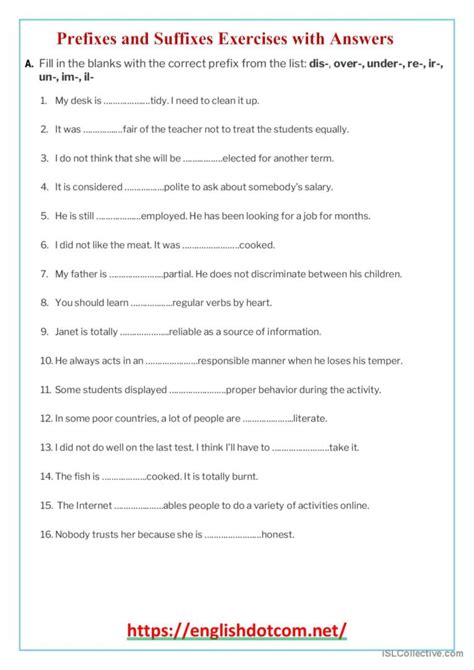prefix and suffix exercises with answers