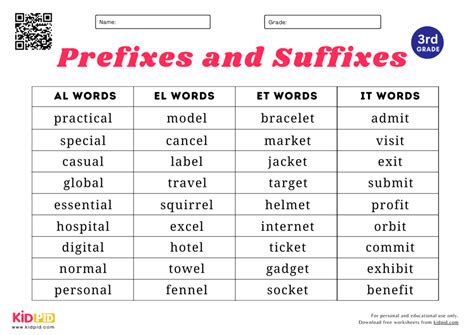 prefix and suffix word list 3rd grade