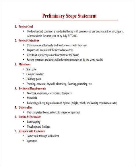 preliminary project scope statement template