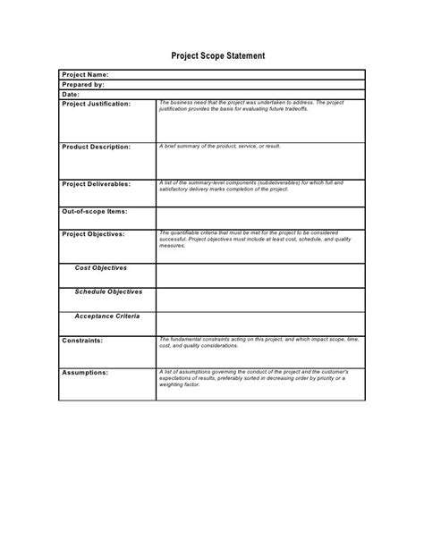 preliminary scope statement example