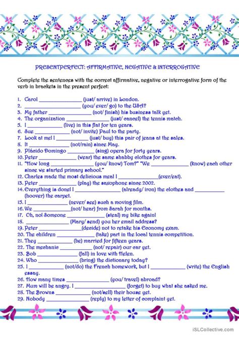 present perfect affirmative negative interrogative exercises pdf