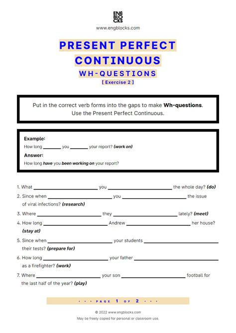 present perfect continuous question form exercises