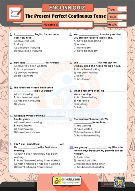 present perfect continuous quiz with answers
