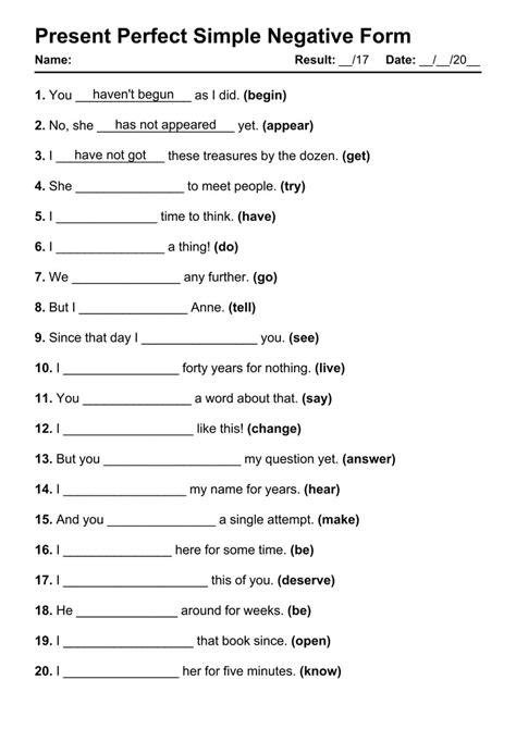 present perfect positive negative interrogative exercises pdf