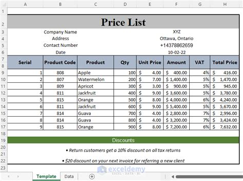 price list excel formula