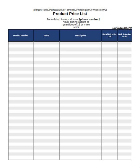 price list format in excel pdf