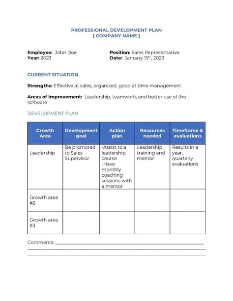 professional development action plan example